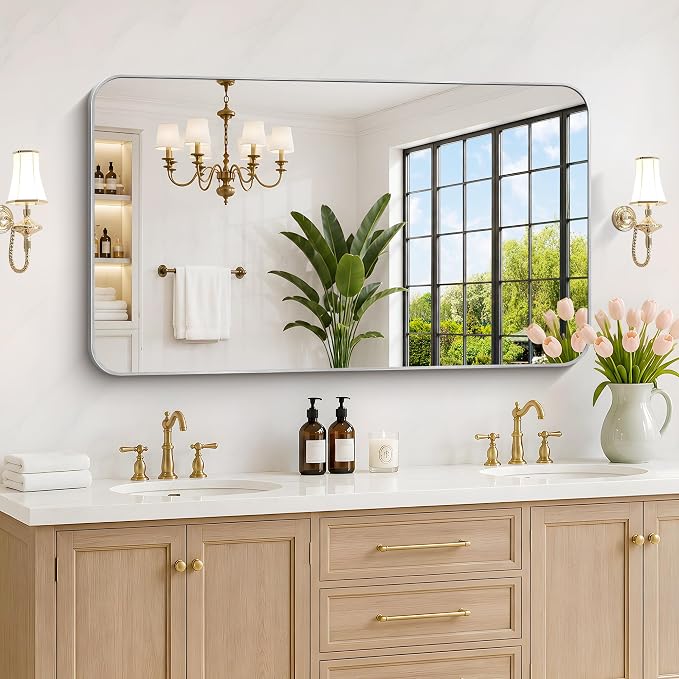 DESBING 50"x30" Bathroom Mirror for Over Sink, Silver Framed Wall Mirror | High-Definition Shatterproof Vanity Mirror with Rounded Corner for Bedroom Living Room Entryway Horizontally or Vertically