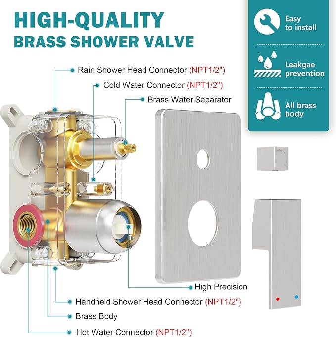 12" Rain Shower System with Handheld & Valve, Brushed Nickel | Wall-Mounted High-Pressure Shower Faucet Combo Set, 12-Inch Rain Shower Head with Handheld Spray,Includes Valve and Trim Kit