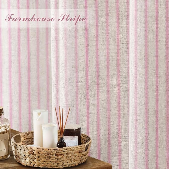 Farmhouse Striped Shower Curtain Pink Vintage Linen Curtain 72"W X 72"L | Striped Shower Curtains with Linen Texture for Bathroom Decor