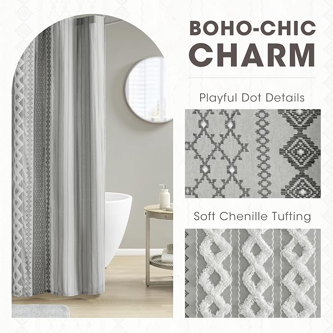 INK+IVY Imani Tufted Chenille 100% Cotton Shower Curtains Machine Washable, Modern Home Bathroom Décor Bathtub Privacy Screen, 72" x 72", Grey | Machine Washable, Boho Tufted Chenille Modern Home Bathroom Decor, Bathtub Privacy Screen, OEKO-TEX Certified