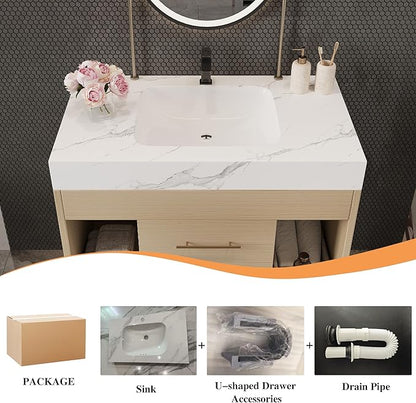 30" Bathroom Vanity with Sink Set, Modern Oak Wall Mounted Bathroom Vanity Cabinet with Sintered Stone Top&Gold Handle 2 Drawers&2 Open Storage, Single Sink Floating Bathroom Vanity