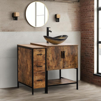 UEV 42" Rustic Brown Bathroom Vanity with Sink Combo,Industrial Iron Frame Bathroom Cabinet Sets with 3 Drawers Side Cabinet,Modern Champagne Boat Tempered Glass Vessel Sink(029CH)
