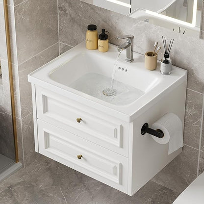 24" Bathroom Vanity with Sink, Floating Bathroom Vanity with with Marble Ceramic Basin Top and 2 Storage Drawers, Modern Storage Cabinet for Small Space, White
