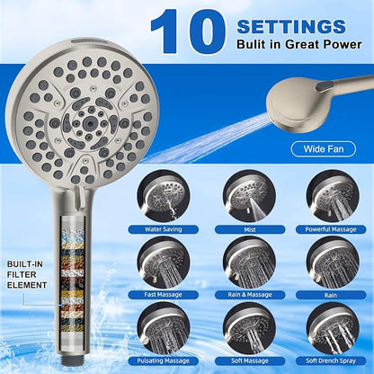 Metal 10" Filtered Rainfall Showerhead Combo, Easy Reach, Brushed Nickel | 4-Way Diverter with Pause Mode, High Pressure Shower Head with 10-Spray Handheld, 71" Hose/12" Extension Arm/Holder