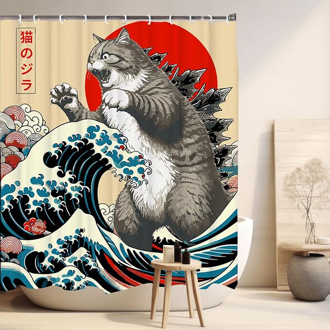 Funny Japanese Cat Funky Anime Japan Bathroom Shower Curtain, 72x72 | Vintage Cat Sunset Wave Shower Curtain Liner with Hooks, Animal Fabric Shower Curtains Bathroom Decor 72X72inches Blue Grey