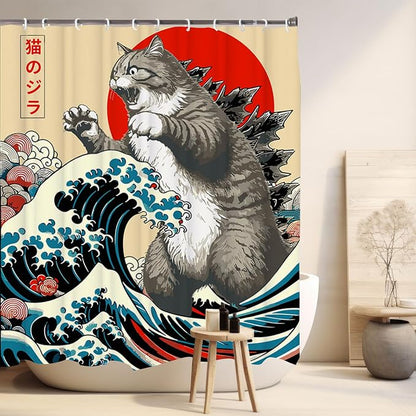 Funny Japanese Cat Funky Anime Japan Bathroom Shower Curtain, 72x72 | Vintage Cat Sunset Wave Shower Curtain Liner with Hooks, Animal Fabric Shower Curtains Bathroom Decor 72X72inches Blue Grey