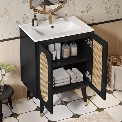 DWVO 24 Inch Rattan Vanity with Sink, Small Freestanding Bathroom Vanity Cabinet, Boho Style with 2 Large Soft-Closing Doors & Four-Sided Water Barrier Strip, Black
