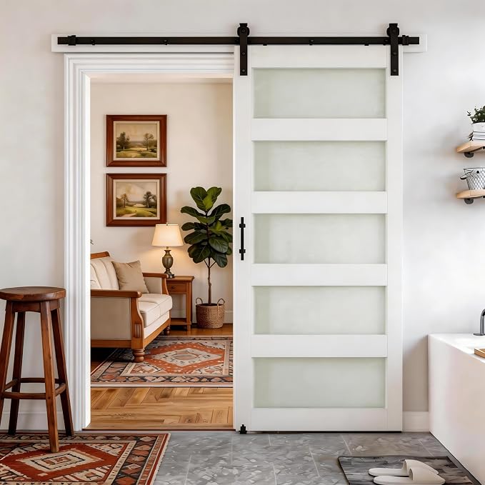 SMARTSTANDARD 36" x 84" Glass Barn Door with 6.6FT Hardware Kit Included | 5-Panel Glass, DIY Assembly Required, Waterproof PVC Coating, Pure White