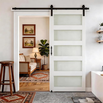SMARTSTANDARD 36" x 84" Glass Barn Door with 6.6FT Hardware Kit Included | 5-Panel Glass, DIY Assembly Required, Waterproof PVC Coating, Pure White