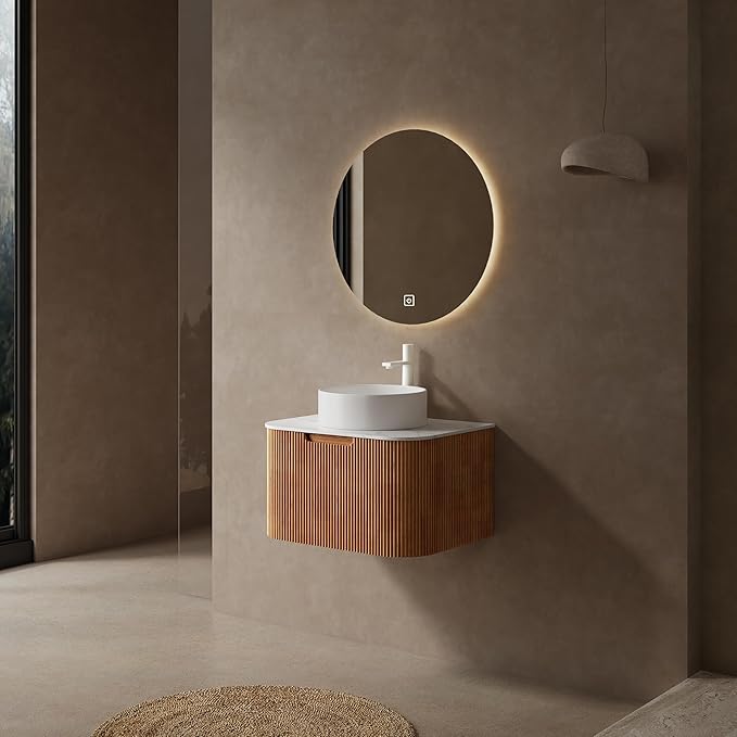 24'' Floating Vanity with Sink Combo, Modern Wall-Mounted Curved Edges Striped Bathroom Storage Cabinet with Soft-Close Drawer and White Artificial Marble Basin, Natural Walnut