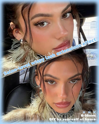 Wispy Lash Clusters Natural Eyelash Clusters 8-16mm Cluster Eyelash Extensions CD Curl Individual Wispy Lashes Clusters with Wet Spikes Clear Band Lash Extensions for Natural Look