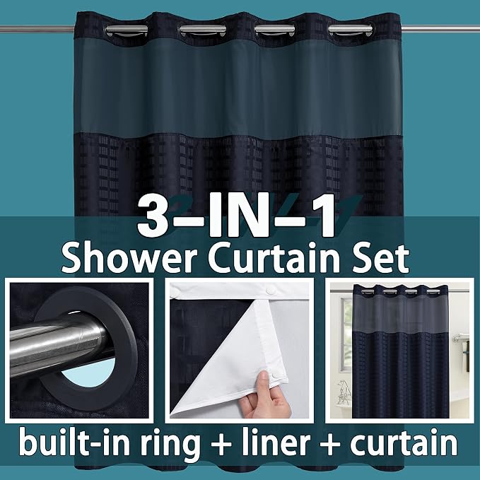 Conbo Mio No Hook Shower Curtain with Snap in Liner Set, Hotel Luxury Black Shower Curtains for Bathroom with See Through Top Window, Waterproof, Washable 71W x 74H