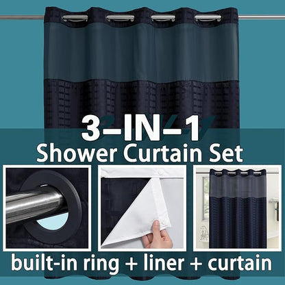 Conbo Mio No Hook Shower Curtain with Snap in Liner Set, Hotel Luxury Black Shower Curtains for Bathroom with See Through Top Window, Waterproof, Washable 71W x 74H