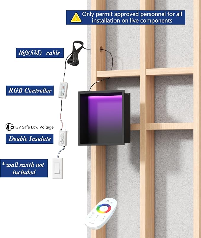 RGB LED Light Shower Niche, Matte Black 12X12 in Stainless Steel Recessed Storage with Remote Control, Waterproof No Tile Needed Wall Niche for Bathroom Storage Built-in Installation