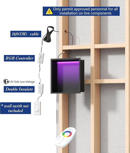 RGB LED Light Shower Niche, Matte Black 12X12 in Stainless Steel Recessed Storage with Remote Control, Waterproof No Tile Needed Wall Niche for Bathroom Storage Built-in Installation