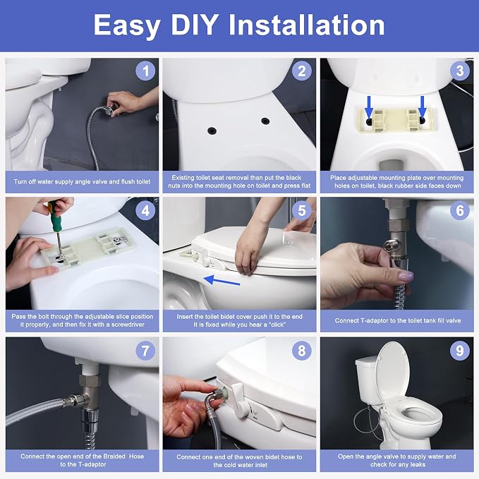 Non-Electric Toilet Seat with Bidet Fits Elongated Toilets | Self-Cleaning Dual Nozzle System for Front&Rear Wash,Adjustable Water Pressure,Quiet&Slow Close Toilet Seat&Lid,Non Loosening