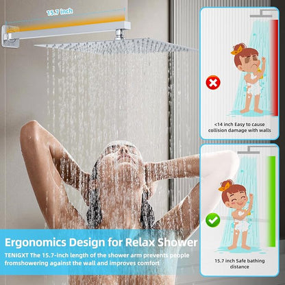 Bathroom Shower Faucet Set，12 Inch Rain Shower Head with Handheld Spray，Brass Shower Valve Trim Kit，Wall Mounted Square Rain Shower System (Chrome)