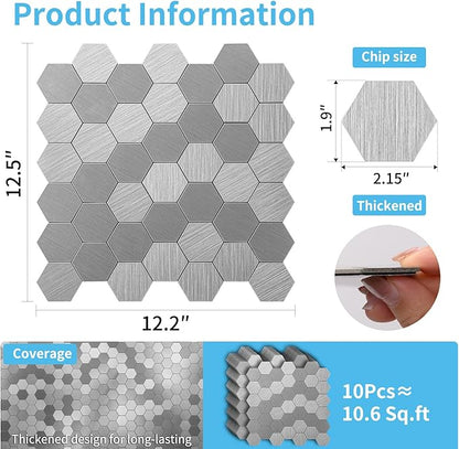 Art3d 10-Pack Metal Peel and Stick Backsplash Tile, Silver Hexagon | 12" x 12", Stainless Steel, Self Adhesive, Anti-Corrosion, Waterproof, Lightweight, Ideal for Kitchens, Bathrooms