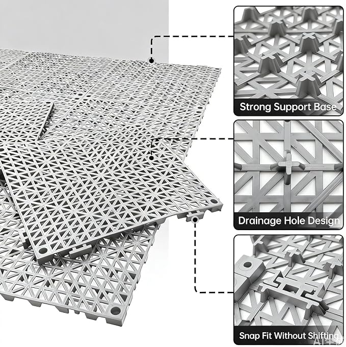 RITOLLO Modular Interlocking Cushion Drainage Floor Tiles, 16-Pack 11.8"x11.8" PVC Raised Non-Slip Interlocking Mats with Drain Holes for Deck, Pool, Garage, Shower, Patio, Bathroom, Sauna, Yard -Gray