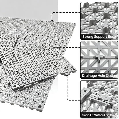 RITOLLO Modular Interlocking Cushion Drainage Floor Tiles, 9-Pack 11.8"x11.8" PVC Raised Non-Slip Interlocking Mats with Drain Holes for Deck, Pool, Garage, Shower, Patio, Bathroom, Sauna, Yard -Gray