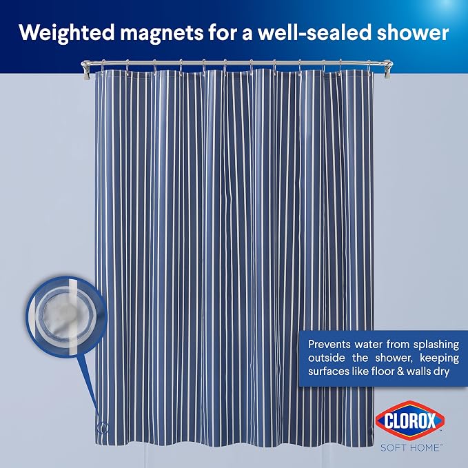 Clorox Shower Curtain Liner, Premium Striped Medium-Weight Durable Waterproof 6g PEVA for Bathroom with Weighted Magnets, Printed Standard Size 72" x 72", Navy