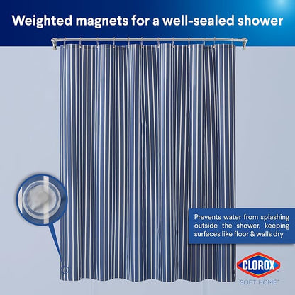 Clorox Shower Curtain Liner, Premium Striped Medium-Weight Durable Waterproof 6g PEVA for Bathroom with Weighted Magnets, Printed Standard Size 72" x 72", Navy