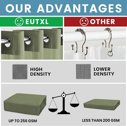 EUTXL Heavyweight Sage Green Long Hotel Shower Curtain - 256GSM Waffle Textured Heavy Duty Thick Fabric Shower Curtains for Bathroom,71W x 86H