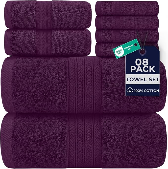 DAN RIVER 8 Piece Luxury Bath Towels for Bathroom, Towel Set, Purple | 2 Bath towels, 2 Hand towels, and 4 Wash Cloths, 600 GSM 100% Ring Spun Cotton, Highly Absorbent, Gym, Hotel, guest, and Spa