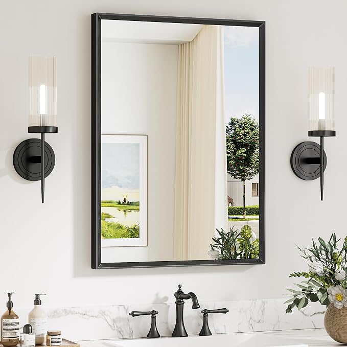 Keonjinn 22 x 30 Inch Matte Black Framed Mirrors for Wall, Rectangular | Metal Framed Bathroom Vanity Mirror, HD Tempered Glass, Farmhouse Style, Square Corner, Hangs Horizontally or Vertically
