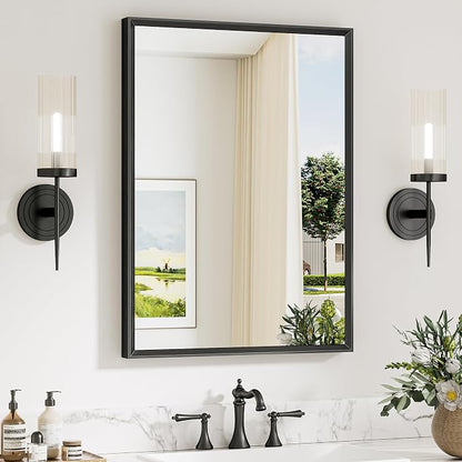Keonjinn 22 x 30 Inch Matte Black Framed Mirrors for Wall, Rectangular | Metal Framed Bathroom Vanity Mirror, HD Tempered Glass, Farmhouse Style, Square Corner, Hangs Horizontally or Vertically