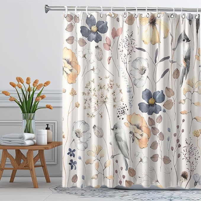 Flower Floral Shower Curtain, Watercolor Wildflower with Botanical and Birds Fabric Shower Curtains Set, Boho Plants Shower Curtains with Hooks, Minimalist Bthroom Decor 72x72inch