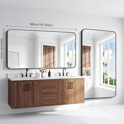 BONEWEI 66x30 inch Large Bathroom Mirror,Black Rectangle Mirror,Wall Mounted Bathroom Frame Vanity Mirror with Round Corner for Bedroom Living Room, Entryway Hangs Horizontal or Vertical