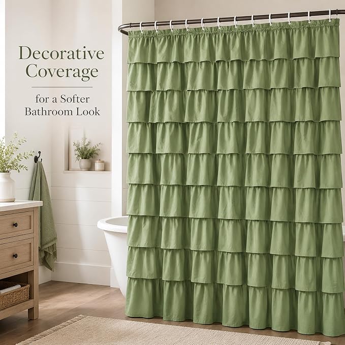 Sage Green Ruffle Shower Curtain for Bathroom, 72x72 inch, 1 Panel | Boho Cottage Chic Style, Soft Microfiber Fabric, Standard-Size Ruffled Curtain, 12 Hooks Included, Machine Washable, Opaque