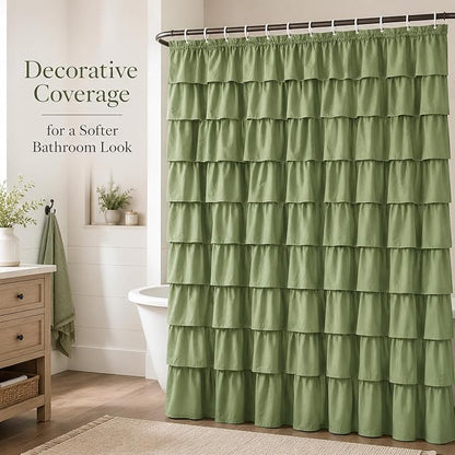 Sage Green Ruffle Shower Curtain for Bathroom, 72x72 inch, 1 Panel | Boho Cottage Chic Style, Soft Microfiber Fabric, Standard-Size Ruffled Curtain, 12 Hooks Included, Machine Washable, Opaque