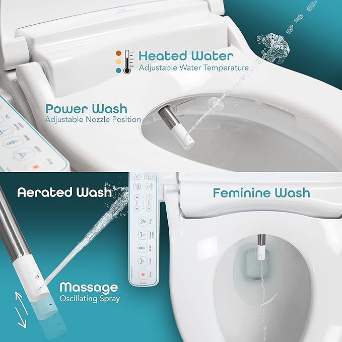 BidetMate 1000 Series Electric Bidet with Dryer, Heated Smart Toilet Seat with Heated Water, & Side Control Panel - Adjustable and Self-Cleaning Smart Home Device - Elongated