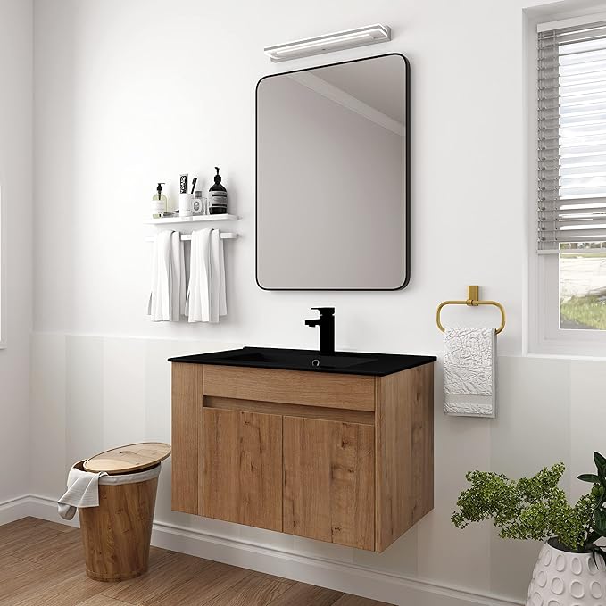 Goujxcy 30" Wall Mounted Bathroom Vanity with Sink, Modern Floating Bathroom Cabinet with Black Ceramic Basin and Storage Cabinet/Shelf, Soft-Closing Door Wood Hanging Bath Room Cabinets