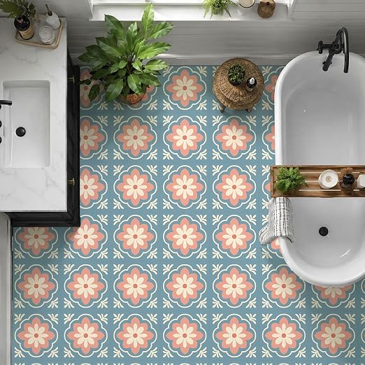 Retro Blue Pink Flower Peel and Stick Floor Tiles 12x12 Inch 10PCS | Retro blue pink cream flower tile pattern vinyl floor stickers for kitchen bathroom entryway and indoor home decor