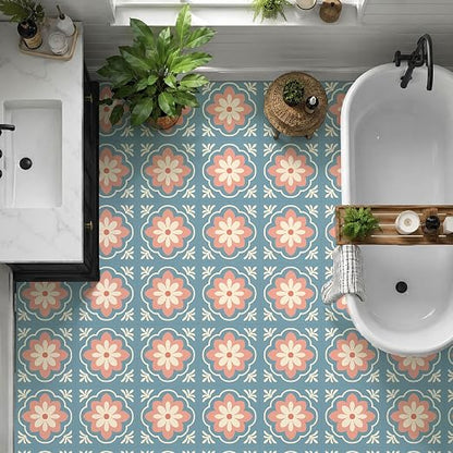 Retro Blue Pink Flower Peel and Stick Floor Tiles 12x12 Inch 10PCS | Retro blue pink cream flower tile pattern vinyl floor stickers for kitchen bathroom entryway and indoor home decor