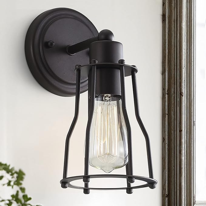 JONATHAN Y 5.13" Oil Rubbed Bronze Modern Industrial Metal Vanity Light, Bathroom Sconce for Mirror, Reversible 1-Light Wall Lamp with Metal Cage Shade for Hallway, LED Bulb Included (JYL7419A)