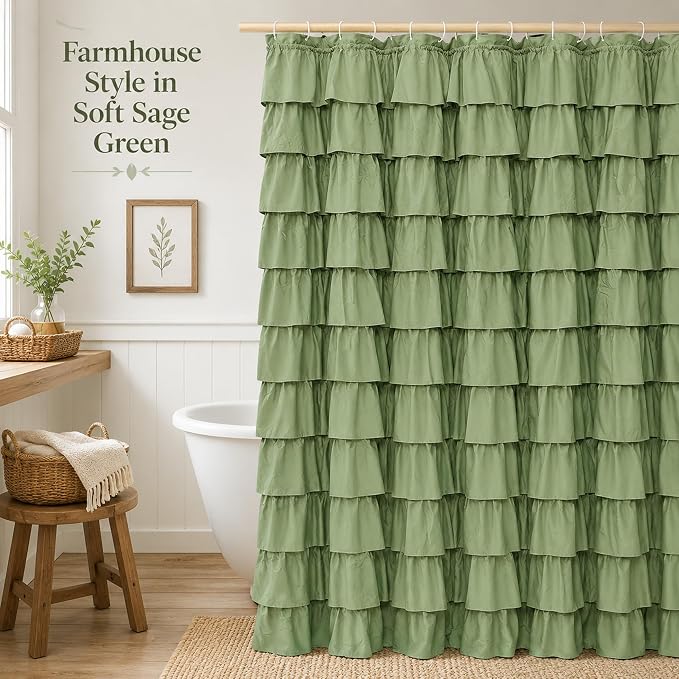Sage Green Ruffle Shower Curtain for Bathroom, 72x84 inch, 1 Panel | Cottagecore Bathroom Decor, Soft Microfiber Fabric, Extra-Long 72 X 84, 12 Hooks Included, Machine Washable, Opaque Privacy