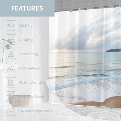 Ocean Beach Coastal Sea Scene Shower Curtain for Bathroom 72W*72H Inch Seaside Nautical Summer Beachy Landscape Sand Bathtub Decor Waves Seacoast Hawaiian Aesthetic Waterproof Polyester Fabric