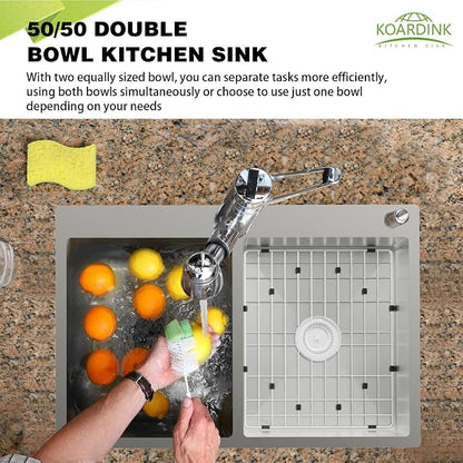 33x22In Drop-in Kitchen Sink, Stainless Steel,50/50 Equal Double Bowl | Modern Topmount Kitchen Sink Combo, Include SS Grid,Silicon Mat,Drain Assembly Set, Compatibility With Various Kitchen Style