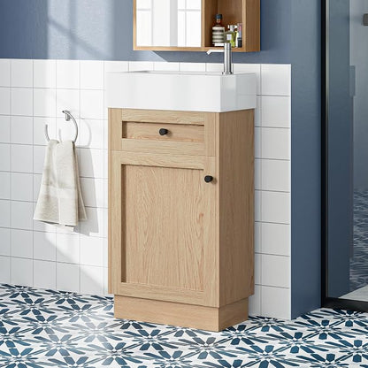 Merax Modern Rustic 18.5'' Bathroom Vanity with Resin Sink, Solid Wood Bathroom Storage Cabinet with Adjustable Shelf & Reversible Door for Small Spaces, Natural
