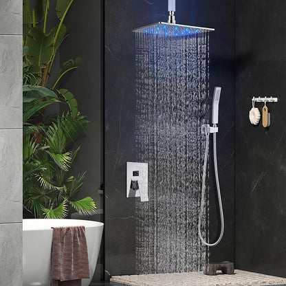 Aolemi Ceiling Shower Faucet Set with Handheld 12" LED Head Polish Chrome | Handheld Spray,12 Inch Rain LED Head,Shower Valve and Trim Kit,All Metal,Ceiling System,Bathroom Mixer