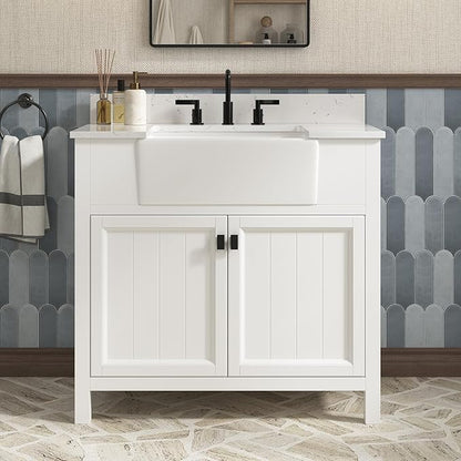 36 Inch Bathroom Vanity with Sink, Farmhouse Bathroom Sink Cabinet with Adjustable Feets, Solid Wooden Frame Single Sink Bathroom Vanity with Soft Closing Doors, Apron Farm Sink, White