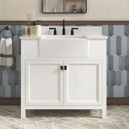 36 Inch Bathroom Vanity with Sink, Farmhouse Bathroom Sink Cabinet with Adjustable Feets, Solid Wooden Frame Single Sink Bathroom Vanity with Soft Closing Doors, Apron Farm Sink, White