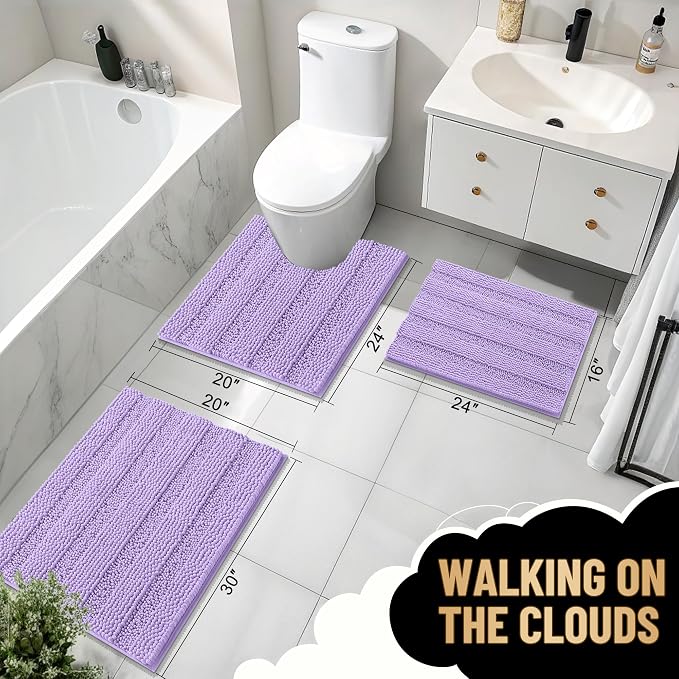OLANLY Thick Bathroom Runner Rugs 59x24, Soft Chenille Bath Rugs, Lavender | Absorbent Striped, Rubber Backing, Machine Wash, Long Bath Mats for Bathroom Floor, Tub and Shower, Home Decor Accessories