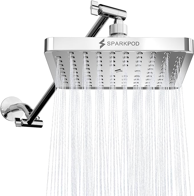 SparkPod 8" Square Rain Shower Head with 16" Shower Arm | Shower Head & Extension Arm Combo, Height Adjustable, High Pressure Performance, Easy 1-Minute Installation, Polished Chrome