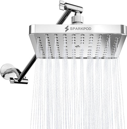 SparkPod 8" Square Rain Shower Head with 16" Shower Arm | Shower Head & Extension Arm Combo, Height Adjustable, High Pressure Performance, Easy 1-Minute Installation, Polished Chrome