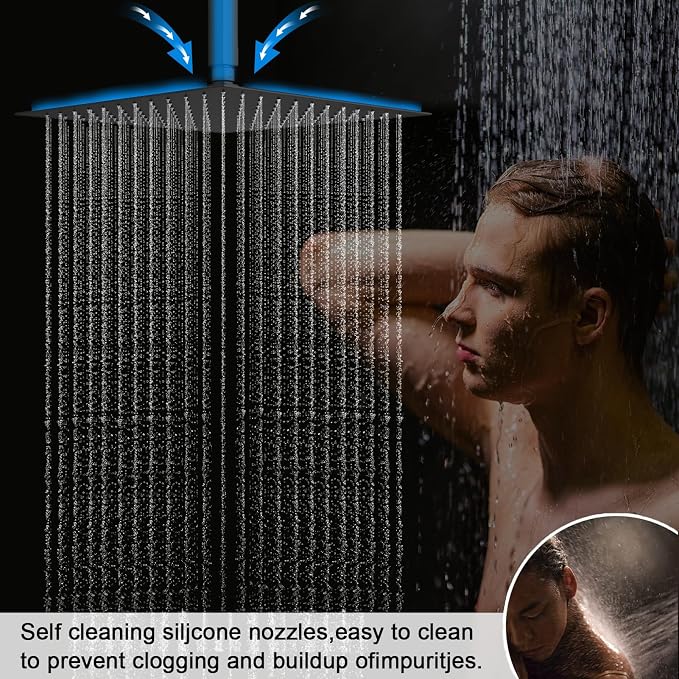 Shower Faucet Set Matte Black Dual Shower Head System | Ceiling Mounted, 12+8 inch Shower Head and Handle Set, Temperature Visualization